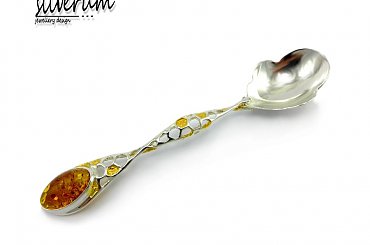 Łyżeczka srebrna ozdobiona bursztynem - #bizuteria #srebrna #cukiernica #wizytownik #nóż #prezent #łyżeczka #srebrna #jubiler #bursztyn #Srebro