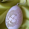 Openwork Easter eggs - a la cross stitch embroidery, filet lace ... the idea and execution made by Boguslaw Justyna Golen - Poniatowa Poland - stitch lace pattern on the shell goose egg
